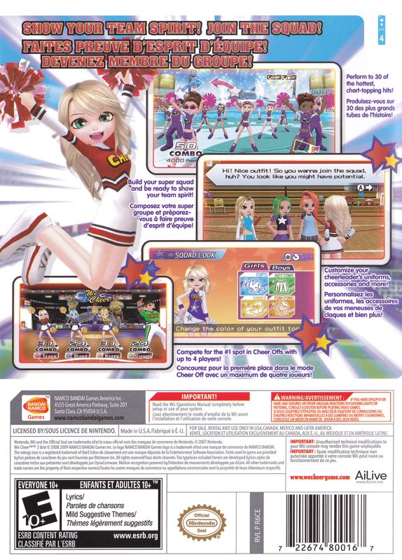 We Cheer 2 | Wii | back cover | region=North America | source-country=Canada | zypher-v2 | moby-92520783c2b4 | Data by MobyGames.com
