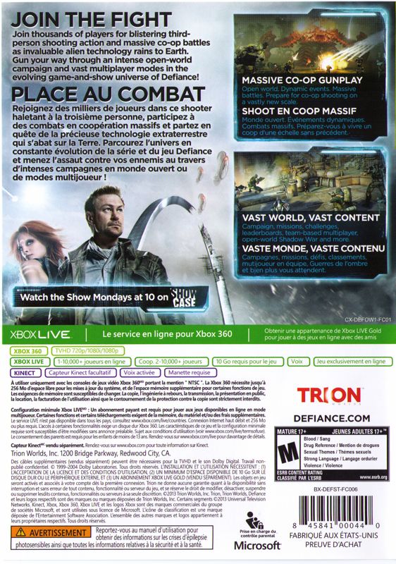 Defiance | Xbox 360 | back cover | region=North America | source-country=Canada | zypher-v2 | moby-221c7fb0b267 | Data by MobyGames.com