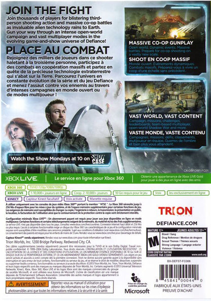 Defiance | Xbox 360 | back cover | region=North America | source-country=Canada | zypher-v2 | moby-221c7fb0b267 | Data by MobyGames.com