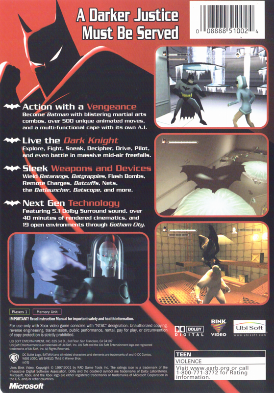 Batman: Vengeance | Xbox | back cover | Data by MobyGames.com