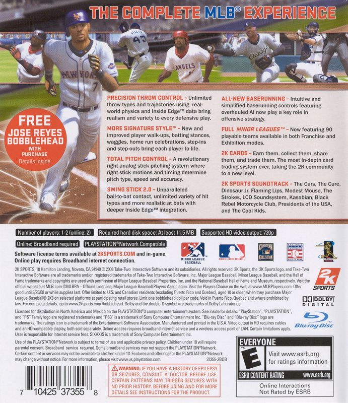 
Major League Baseball 2K8 | PlayStation 3 | back cover | Data by MobyGames.com