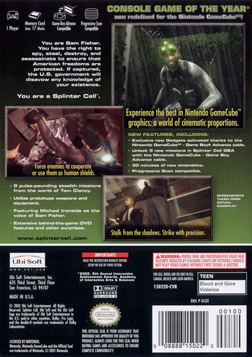 
Tom Clancy's Splinter Cell | GameCube | back cover | Region: North America | source-country=Canada,United States | Data by MobyGames.com