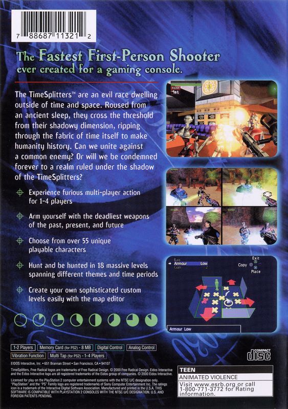 TimeSplitters | PlayStation 2 | back cover | Region: North America | source-country=Canada,United States | Data by MobyGames.com