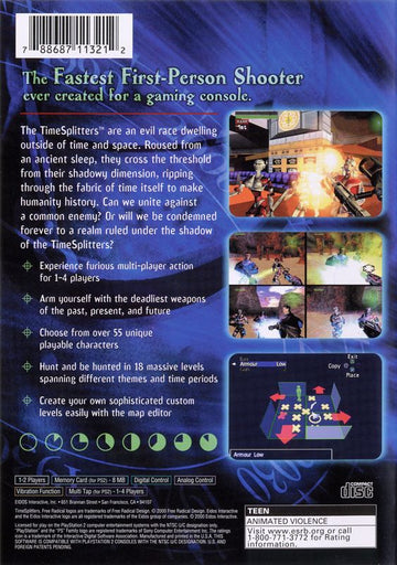
TimeSplitters | PlayStation 2 | back cover | Region: North America | source-country=Canada,United States | Data by MobyGames.com