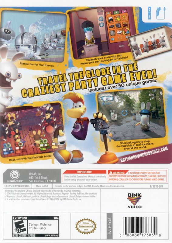 Rayman: Raving Rabbids 2 | Wii | back cover | region=North America | source-country=Canada,Mexico,Other,United States | zypher-v2 | moby-5853e0d78a28 | Data by MobyGames.com