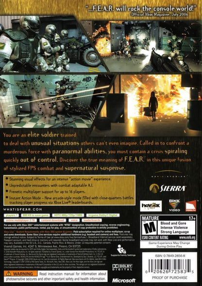 
F.E.A.R.: First Encounter Assault Recon | Xbox 360 | back cover | Data by MobyGames.com