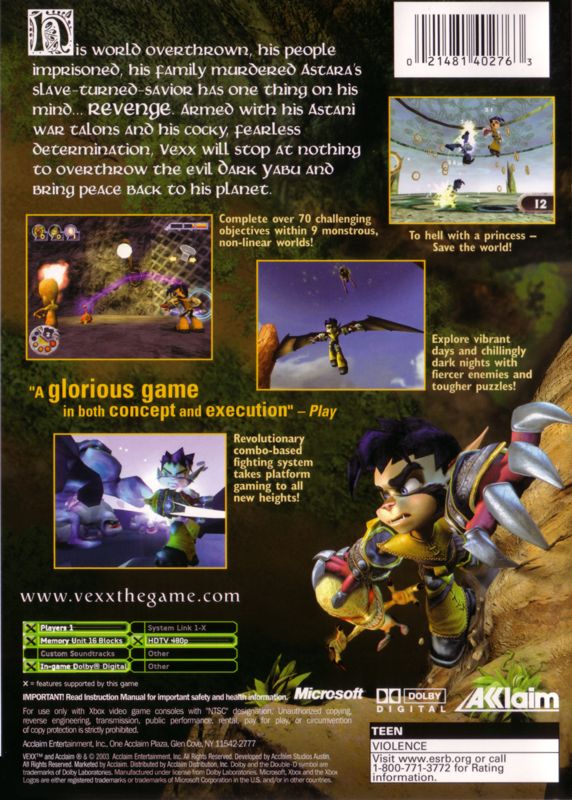 Vexx | Xbox | back cover | region=North America | source-country=United States | zypher-v2 | moby-b8f9994b3f8d | Data by MobyGames.com