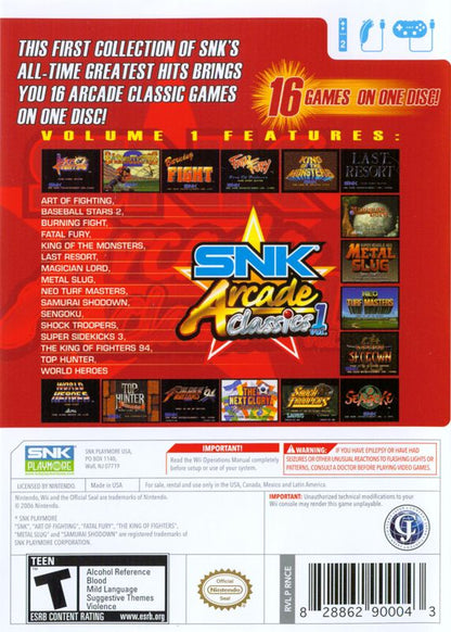 SNK Arcade Classics Vol. 1 | Wii | back cover | region=North America | source-country=Canada,United States | zypher-v2 | moby-e20f6feef617 | Data by MobyGames.com