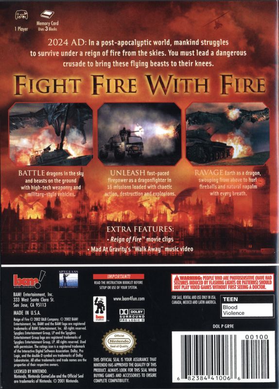 Reign of Fire | GameCube | back cover | region=North America | source-country=United States | zypher-v2 | moby-1e9541330039 | Data by MobyGames.com