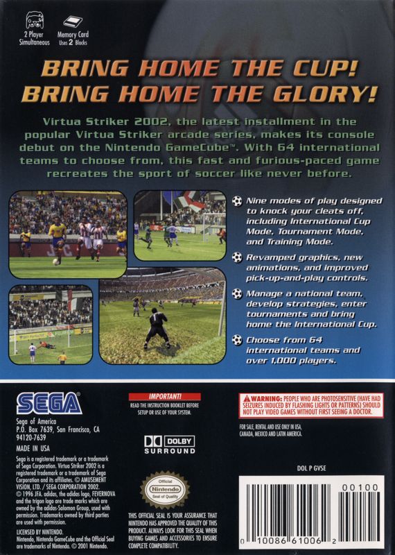 
Virtua Striker 2002 | GameCube | back cover | Data by MobyGames.com