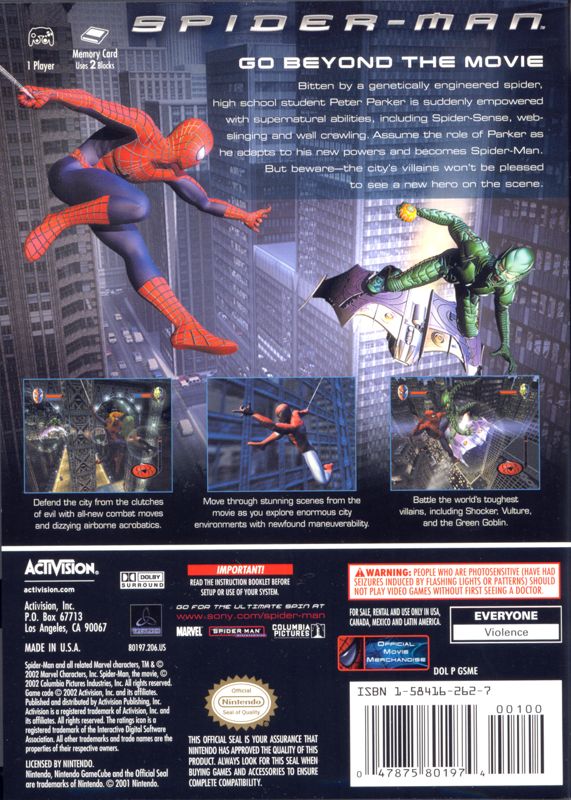 Spider-Man | GameCube | back cover | region=North America | source-country=Canada,Mexico,United States | zypher-v2 | moby-adc7b4a528b5 | Data by MobyGames.com