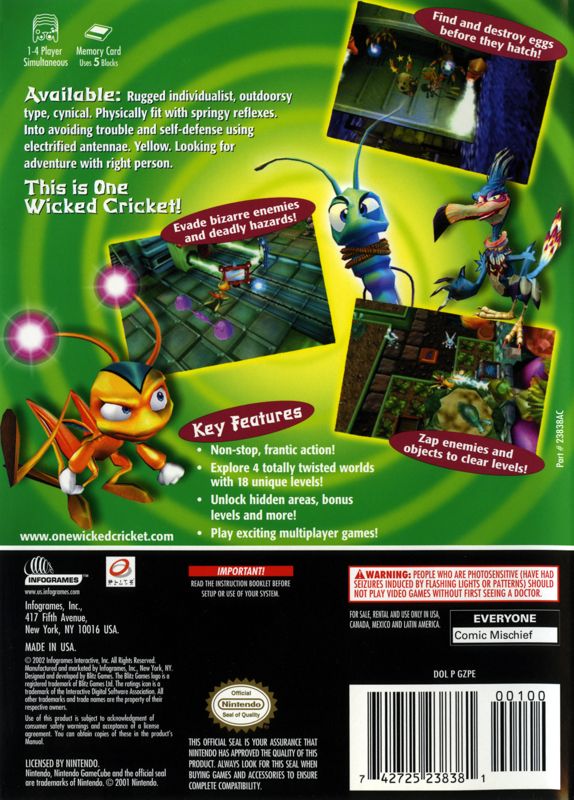 
Zapper: One Wicked Cricket! | GameCube | back cover | Region: North America | source-country=Canada,United States | Data by MobyGames.com