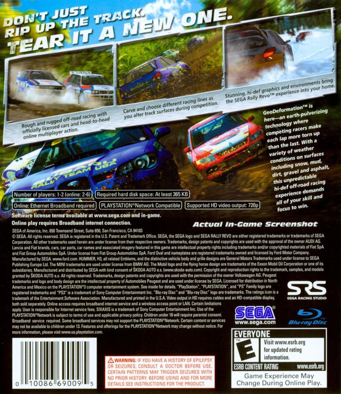 SEGA Rally Revo | PlayStation 3 | back cover | Region: North America | source-country=Canada,United States | Data by MobyGames.com