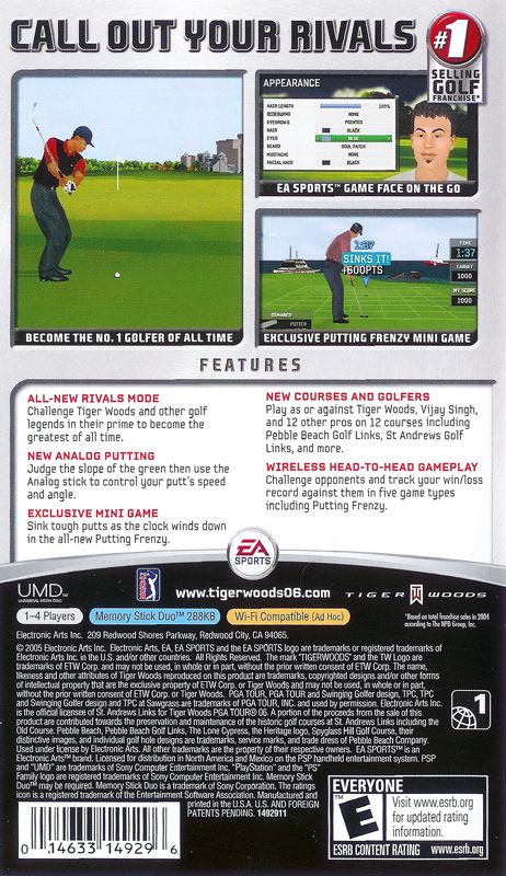 Tiger Woods PGA Tour 06 | PSP | back cover | region=North America | source-country=United States | zypher-v2 | moby-fca85ed1f4e7 | Data by MobyGames.com