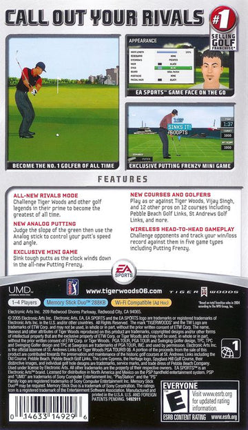 Tiger Woods PGA Tour 06 | PSP | back cover | region=North America | source-country=United States | zypher-v2 | moby-fca85ed1f4e7 | Data by MobyGames.com