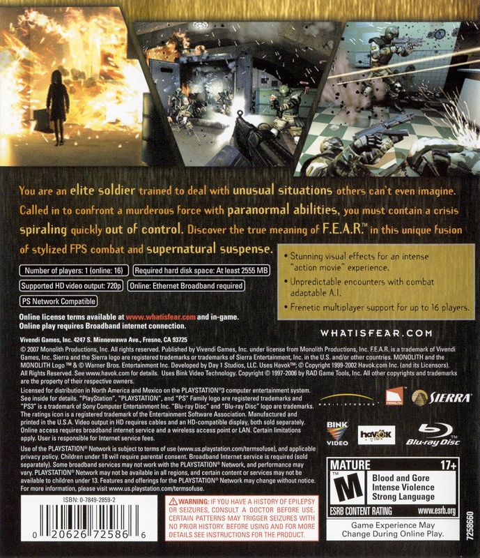 
F.E.A.R.: First Encounter Assault Recon | PlayStation 3 | back cover | Data by MobyGames.com