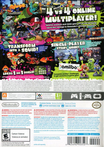 Splatoon | Wii U | back cover | region=North America | source-country=Canada,Mexico,United States | zypher-v2 | moby-aea9caaf946d | Data by MobyGames.com