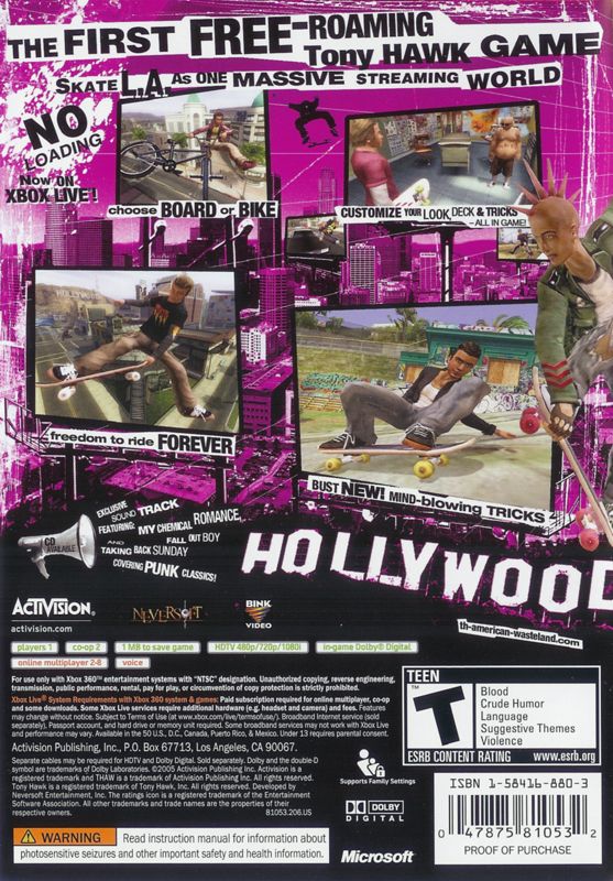 Tony Hawk's American Wasteland | Xbox 360 | back cover | region=North America | source-country=United States | zypher-v2 | moby-753783f8e420 | Data by MobyGames.com
