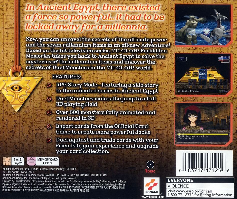 Yu-Gi-Oh!: Forbidden Memories | PlayStation | back cover | Region: North America | source-country=United States | Data by MobyGames.com