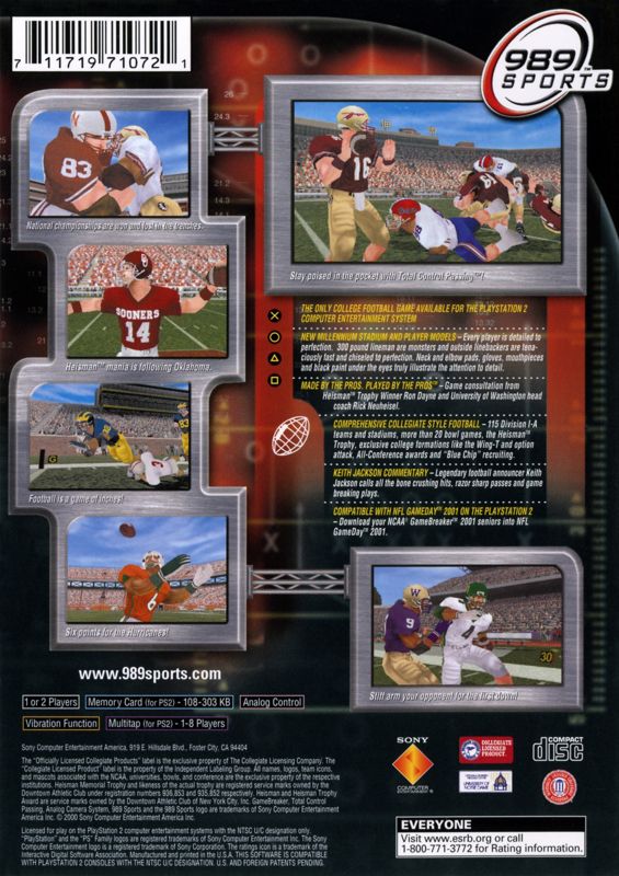 
NCAA GameBreaker 2001 | PlayStation 2 | back cover | Region: North America | source-country=Canada,United States | Data by MobyGames.com