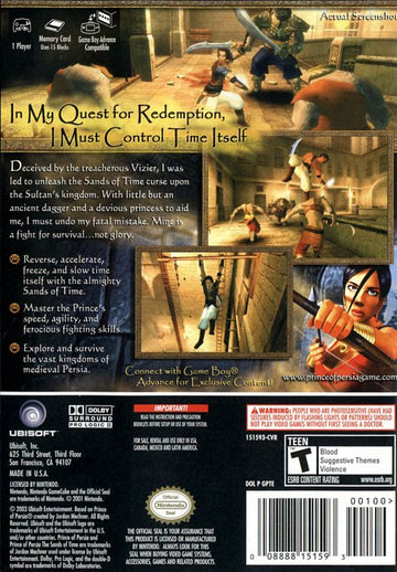Prince of Persia: The Sands of Time | GameCube | back cover | region=North America | source-country=Canada,Mexico,Other,United States | zypher-v2 | moby-3486edcaf56a | Data by MobyGames.com