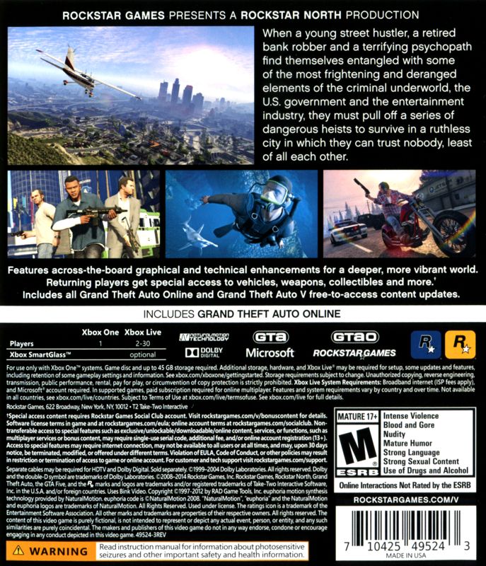 Grand Theft Auto V | Xbox One | back cover | Region: North America | source-country=United States | Data by MobyGames.com