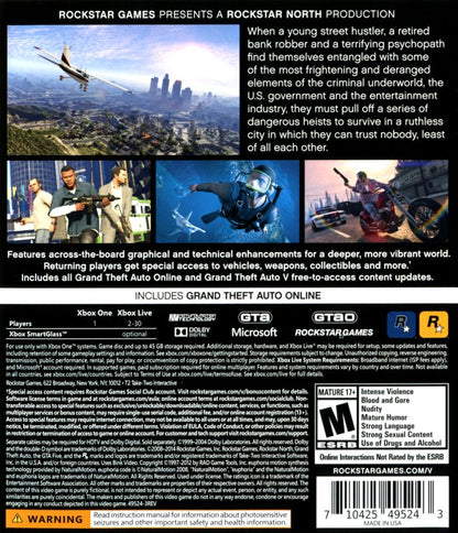 
Grand Theft Auto V | Xbox One | back cover | Region: North America | source-country=United States | Data by MobyGames.com