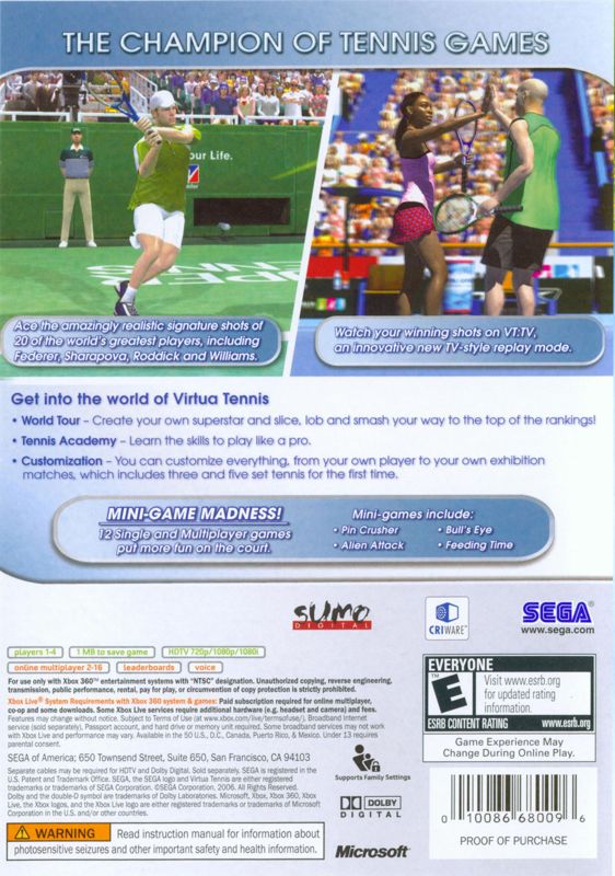 Virtua Tennis 3 | Xbox 360 | back cover | region=North America | source-country=United States | zypher-v2 | moby-35716e9b8435 | Data by MobyGames.com