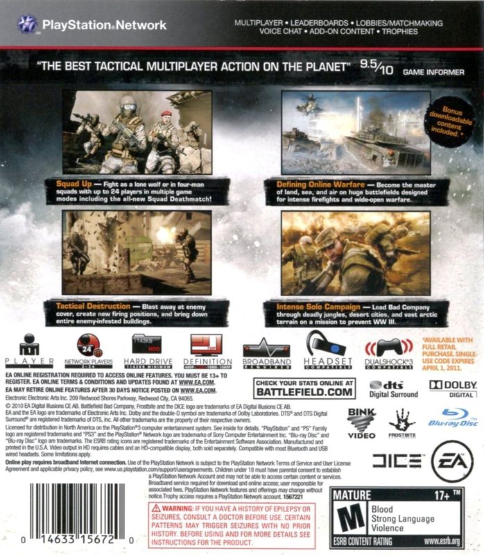 Battlefield: Bad Company 2 | PlayStation 3 | back cover | Region: North America | source-country=Canada,United States | Data by MobyGames.com