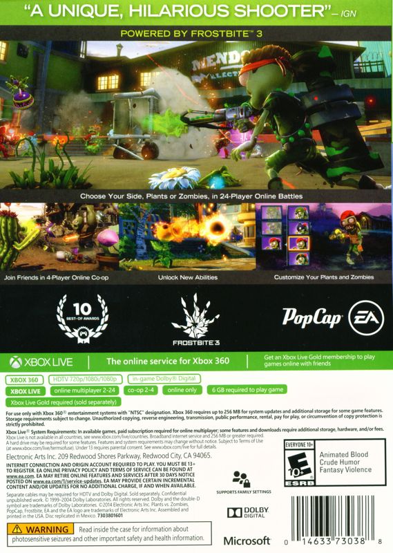 Plants vs. Zombies: Garden Warfare | Xbox 360 | back cover | region=North America | source-country=Canada,United States | zypher-v2 | moby-934267c5e5b0 | Data by MobyGames.com