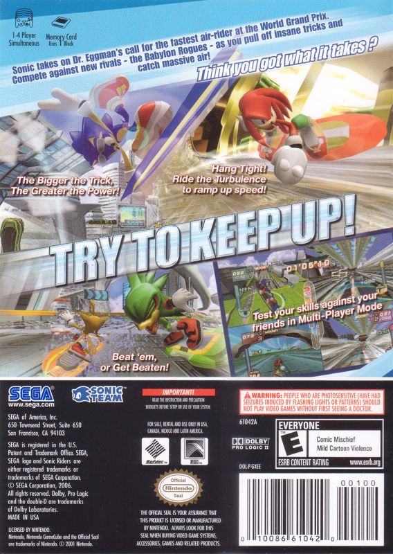 Sonic Riders | GameCube | back cover | region=North America | source-country=Canada,Mexico,Other,United States | zypher-v2 | moby-c6412b6505cb | Data by MobyGames.com