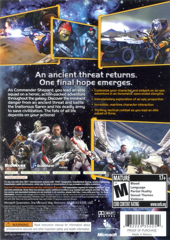 Mass Effect | Xbox 360 | back cover | region=North America | source-country=United States | zypher-v2 | moby-8554e42030aa | Data by MobyGames.com