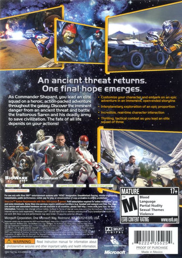 Mass Effect | Xbox 360 | back cover | region=North America | source-country=United States | zypher-v2 | moby-8554e42030aa | Data by MobyGames.com