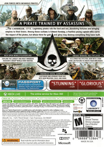 Assassin's Creed IV: Black Flag | Xbox 360 | back cover | region=North America | source-country=United States | zypher-v2 | moby-243b62ce75bb | Data by MobyGames.com