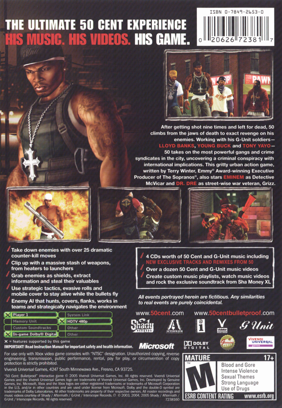 50 Cent: Bulletproof | Xbox | back cover | region=North America | source-country=United States | zypher-v2 | moby-aec744b53331 | Data by MobyGames.com
