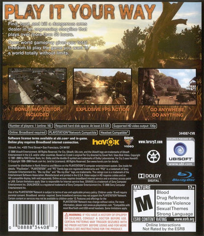 
Far Cry 2 | PlayStation 3 | back cover | Region: North America | source-country=Canada,Mexico,United States | Data by MobyGames.com