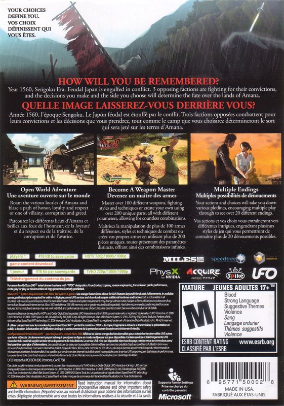 Way of the Samurai 3 | Xbox 360 | back cover | Data by MobyGames.com