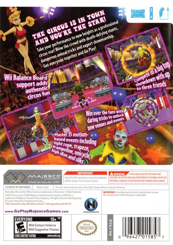 Go Play: Circus Star | Wii | back cover | region=North America | source-country=United States | zypher-v2 | moby-916d561c3cff | Data by MobyGames.com