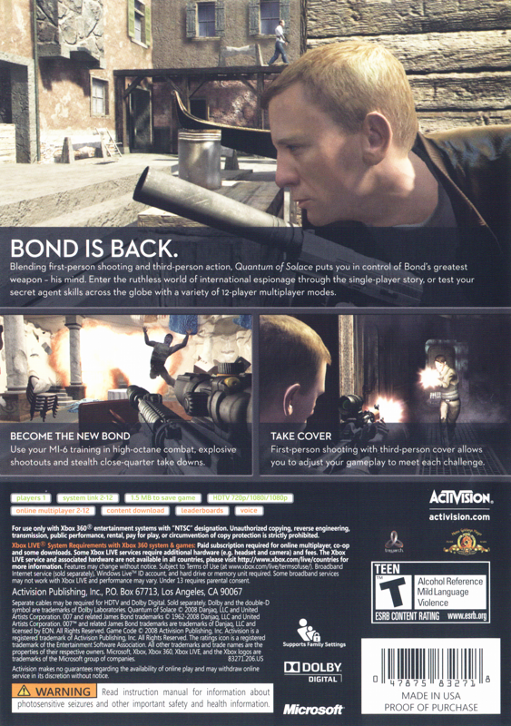 007: Quantum of Solace | Xbox 360 | back cover | region=North America | source-country=United States | zypher-v2 | moby-e601341aebb5 | Data by MobyGames.com