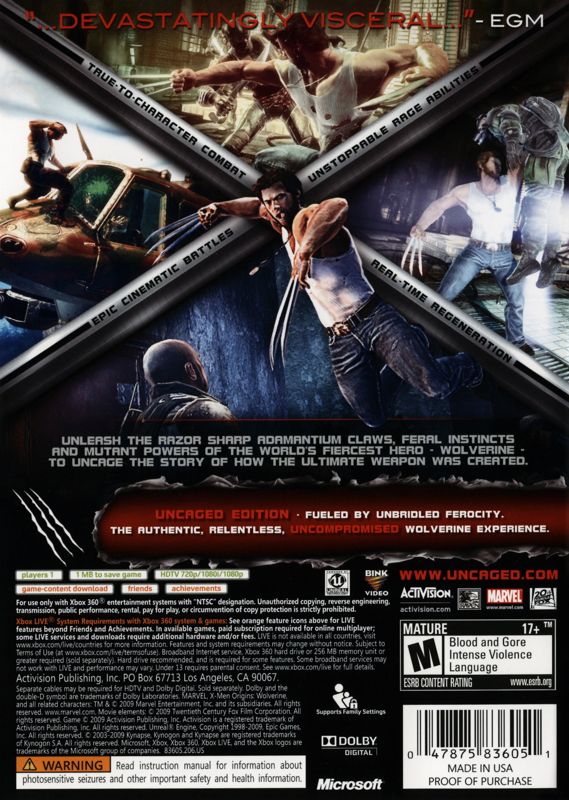 
X-Men Origins: Wolverine - Uncaged Edition | Xbox 360 | back cover | Region: North America | source-country=United States | Data by MobyGames.com