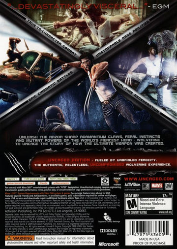 
X-Men Origins: Wolverine - Uncaged Edition | Xbox 360 | back cover | Region: North America | source-country=United States | Data by MobyGames.com