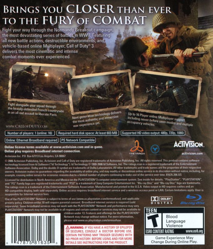 
Call of Duty 3 | PlayStation 3 | back cover | Data by MobyGames.com