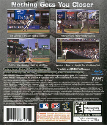 MLB 08: The Show | PlayStation 3 | back cover | region=North America | source-country=Canada,Mexico,United States | zypher-v2 | moby-b9a49e3bf197 | Data by MobyGames.com