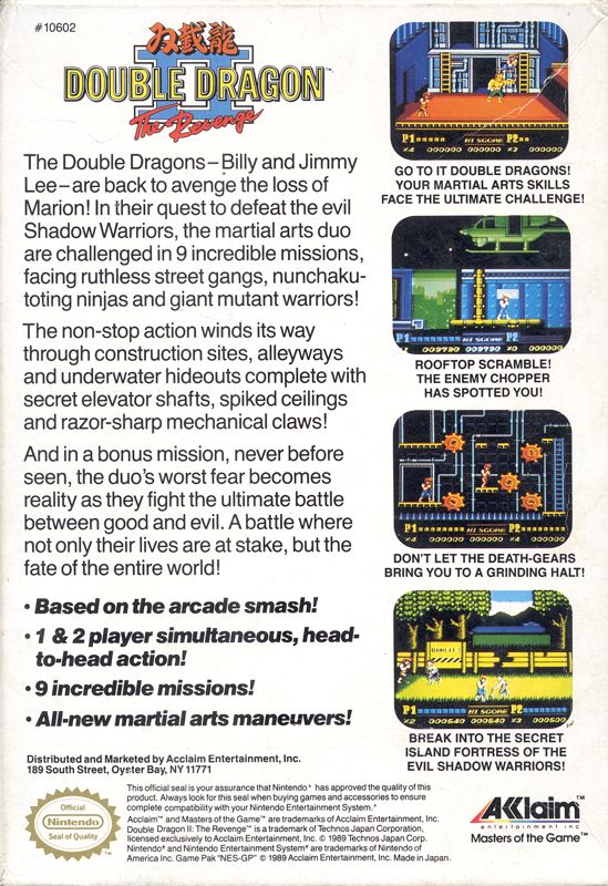 
Double Dragon II: The Revenge | NES | back cover | Data by MobyGames.com