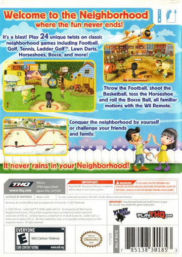 Neighborhood Games | Wii | back cover | region=North America | source-country=United States | zypher-v2 | moby-0cef71966a1b | Data by MobyGames.com