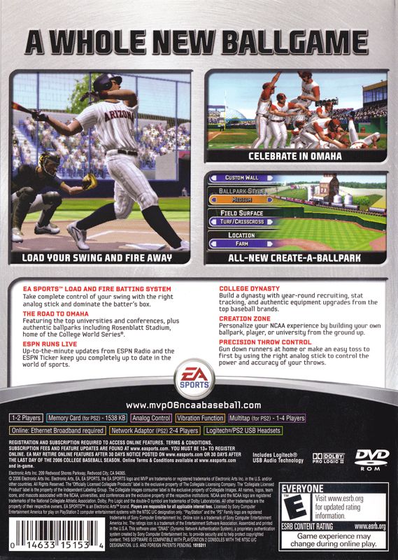 
MVP 06: NCAA Baseball | PlayStation 2 | back cover | Data by MobyGames.com