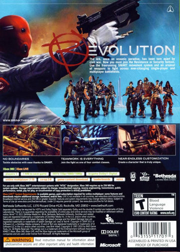 
Brink | Xbox 360 | back cover | Region: North America | source-country=Canada,United States | Data by MobyGames.com