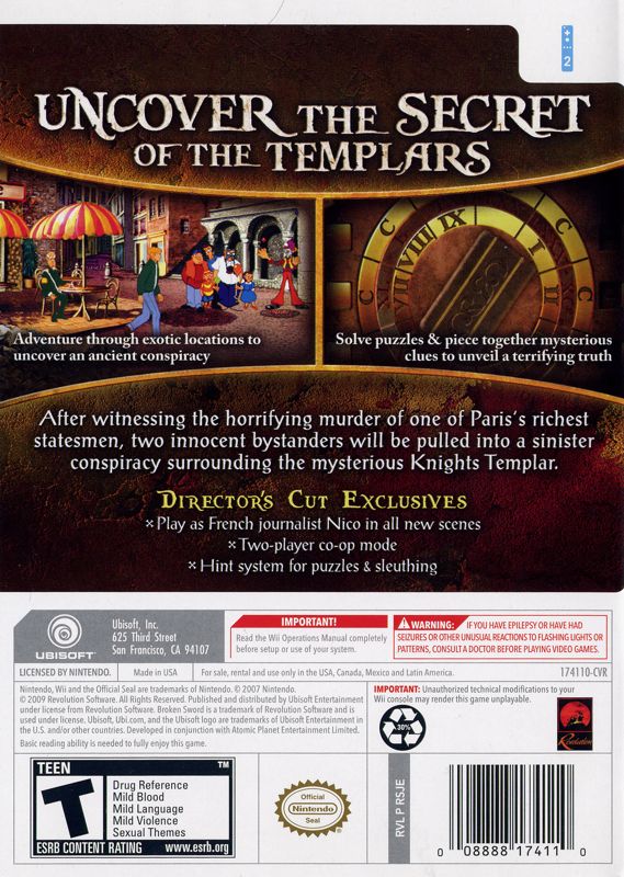 
Broken Sword: Shadow of the Templars - The Director's Cut | Wii | back cover | Data by MobyGames.com