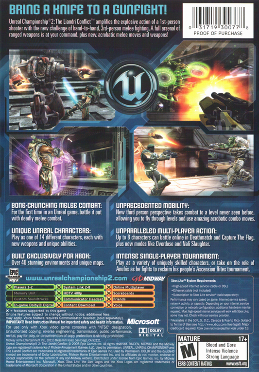 
Unreal Championship 2: The Liandri Conflict | Xbox | back cover | Region: North America | source-country=United States | Data by MobyGames.com