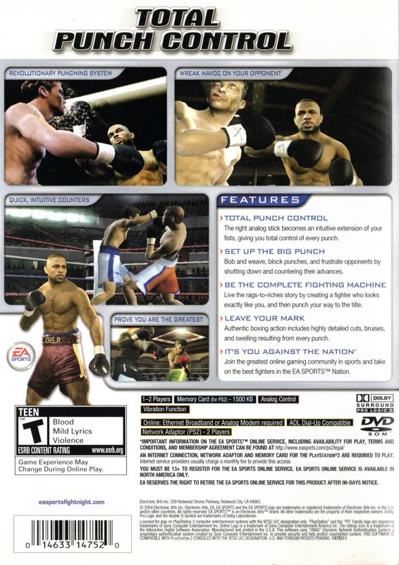 Fight Night 2004 | PlayStation 2 | back cover | Region: North America | source-country=Canada,United States | Data by MobyGames.com